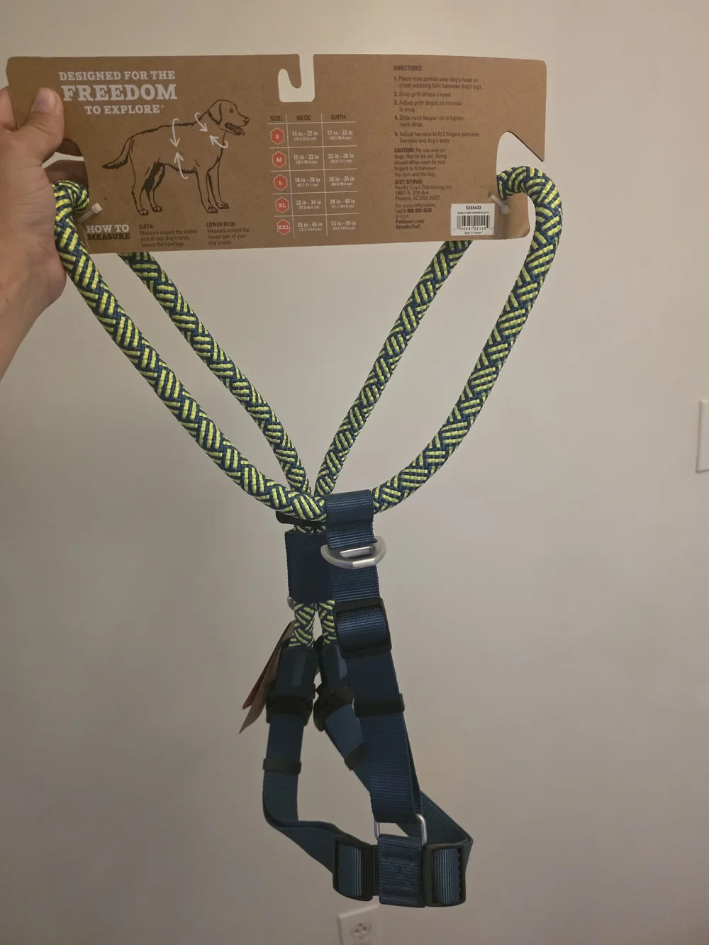 Arcadia Rope Dog Harness in Navy Blue with Neon Yellow Pattern